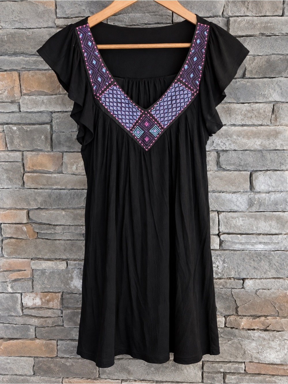 Black Women's Embroidered V-Neck Flutter Sleeve Top